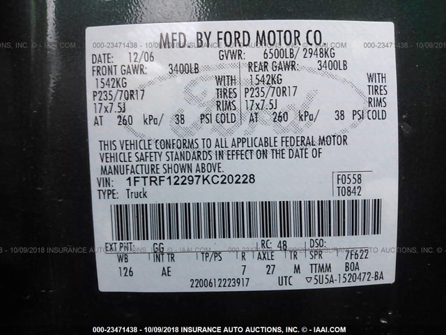 1FTRF12297KC20228 - 2007 FORD F150 GRAY photo 9