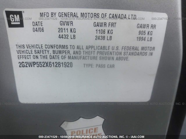 2G2WP552X61281920 - 2006 PONTIAC GRAND PRIX 银色 照片 9