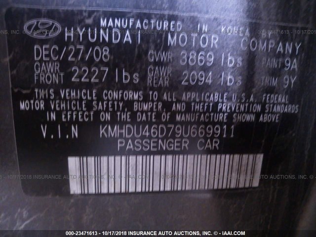 KMHDU46D79U669911 - 2009 HYUNDAI ELANTRA GLS/SE SILVER photo 9