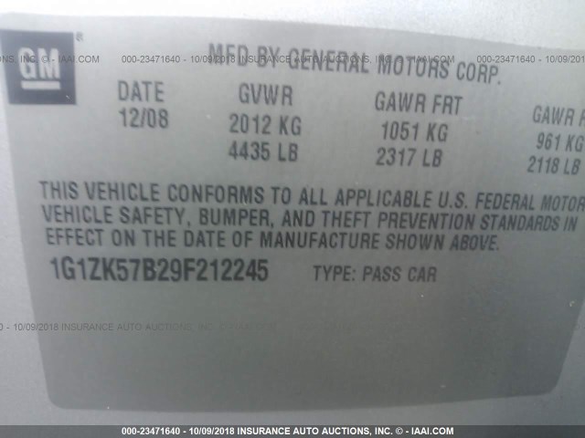 1G1ZK57B29F212245 - 2009 CHEVROLET MALIBU LTZ 银色 照片 9