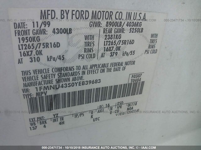 1FMNU43S0YEB39683 - 2000 FORD EXCURSION LIMITED WHITE photo 9