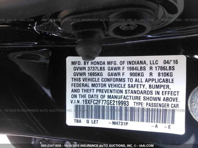 19XFC2F77GE219993 - 2016 HONDA CIVIC EX BLACK photo 9