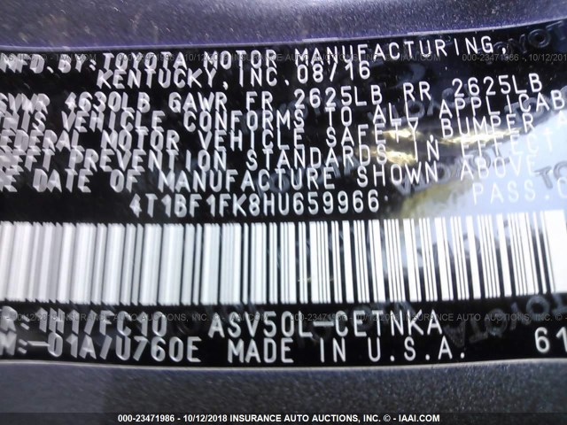 4T1BF1FK8HU659966 - 2017 TOYOTA CAMRY LE/XLE/SE/XSE GRAY photo 9