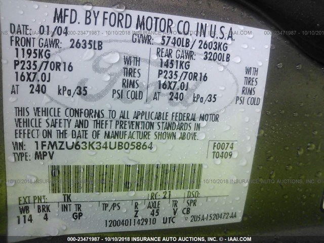 1FMZU63K34UB05864 - 2004 FORD EXPLORER XLT/XLT SPORT/NBX 棕色 照片 9