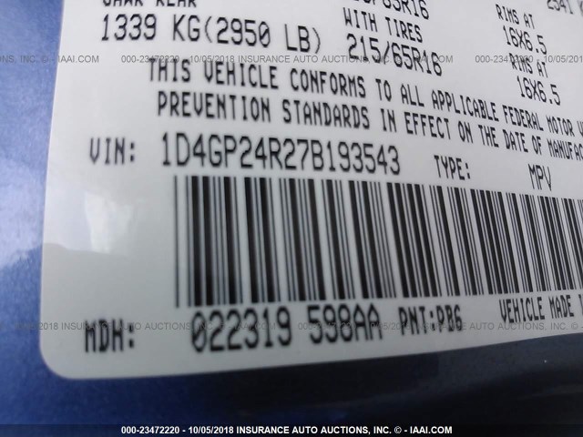 1D4GP24R27B193543 - 2007 DODGE GRAND CARAVAN SE BLUE photo 9