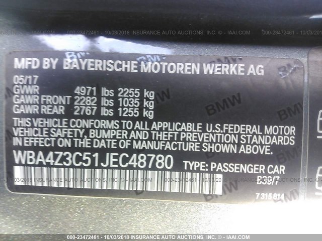 WBA4Z3C51JEC48780 - 2018 BMW 430XI GRAY photo 9