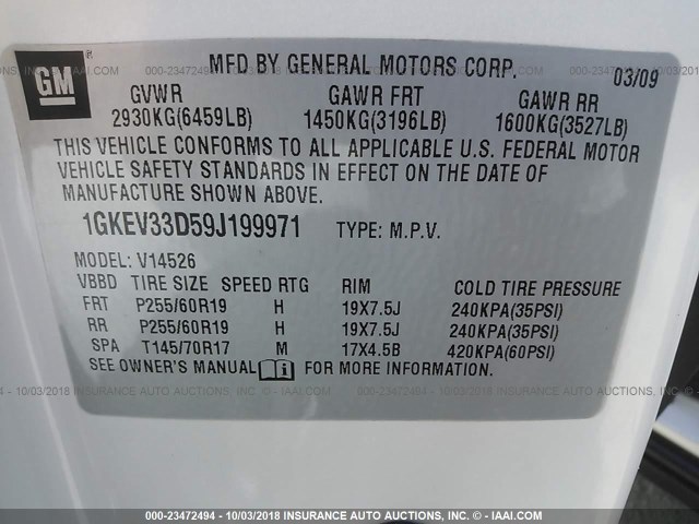 1GKEV33D59J199971 - 2009 GMC ACADIA SLT-2 CREAM photo 9