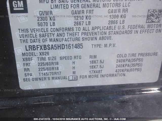 LRBFXBSA5HD161485 - 2017 BUICK ENVISION ESSENCE 黑色 照片 9