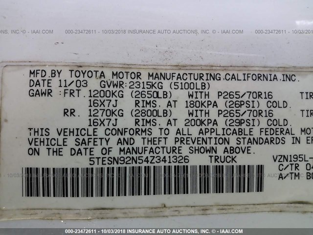 5TESN92N54Z341326 - 2004 TOYOTA TACOMA XTRACAB PRERUNNER თეთრი ფოტო 9