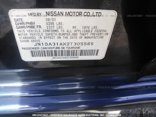 JN1DA31AX2T305565 - 2002 NISSAN MAXIMA GLE/SE BLUE photo 9