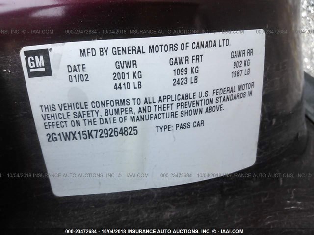 2G1WX15K729264825 - 2002 CHEVROLET MONTE CARLO SS ბურგუნდია ფოტო 9