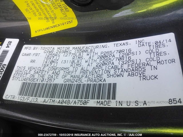 5TFLU4EN9EX101257 - 2014 TOYOTA TACOMA DOUBLE CAB ნაცრისფერი ფოტო 9