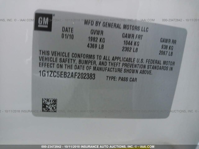 1G1ZC5EB2AF202383 - 2010 CHEVROLET MALIBU 1LT WHITE photo 9