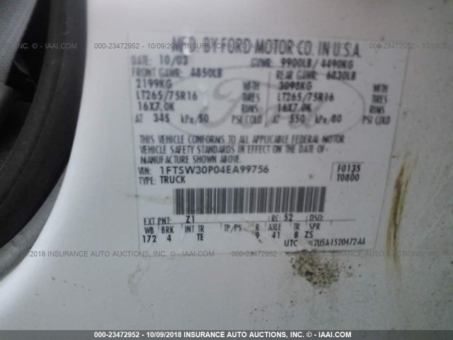 1FTSW30P04EA99756 - 2004 FORD F350 SRW SUPER DUTY WHITE photo 9