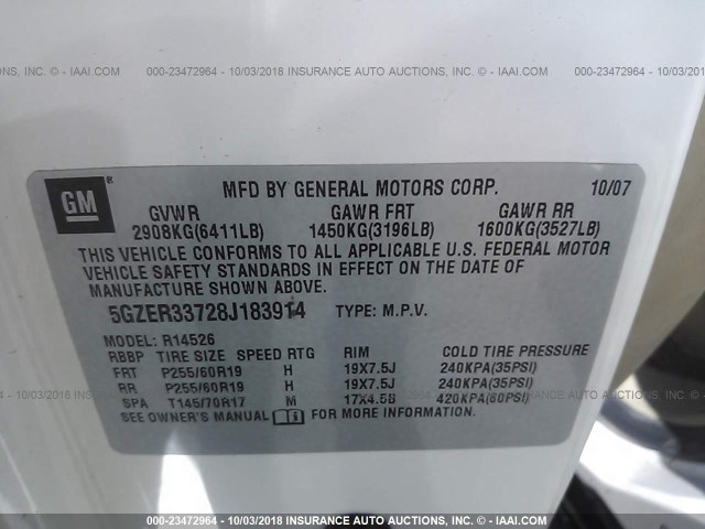 5GZER33728J183914 - 2008 SATURN OUTLOOK XR/TOURING 白色 照片 9