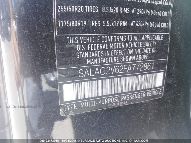 SALAG2V62FA772861 - 2015 LAND ROVER LR4 BLACK photo 9