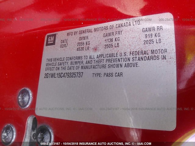 2G1WL15C479325737 - 2007 CHEVROLET MONTE CARLO SS წითელი ფოტო 9