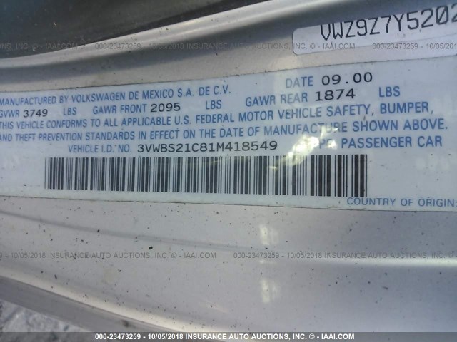 3VWBS21C81M418549 - 2001 VOLKSWAGEN NEW BEETLE GL 银色 照片 9