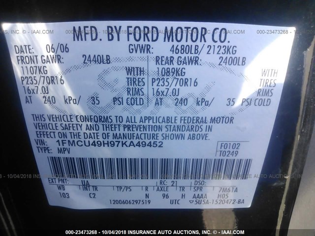 1FMCU49H97KA49452 - 2007 FORD ESCAPE HEV BLACK photo 9