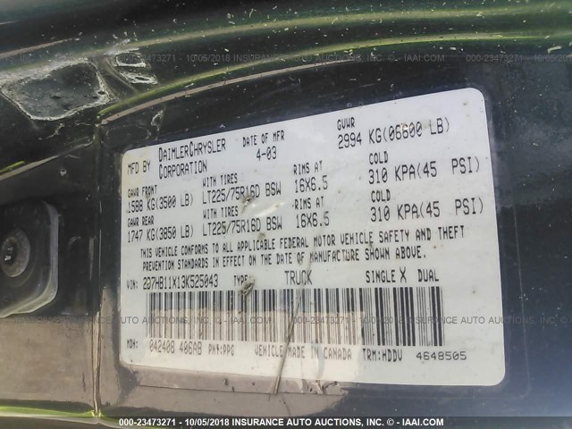 2D7HB11X13K525043 - 2003 DODGE RAM VAN B1500 GREEN photo 9