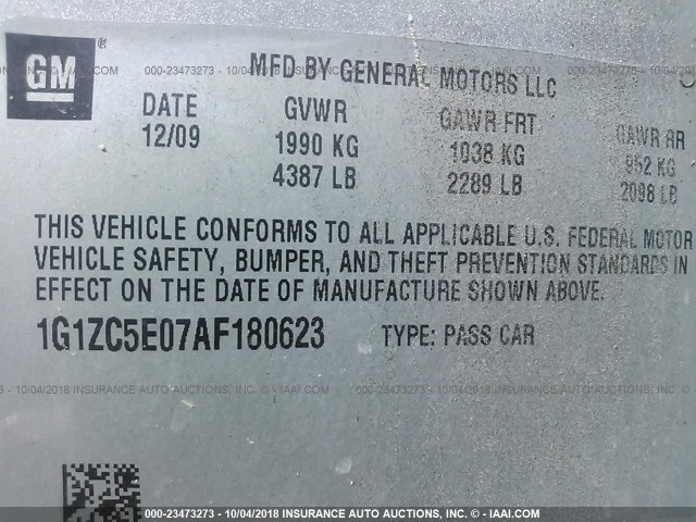 1G1ZC5E07AF180623 - 2010 CHEVROLET MALIBU 1LT ვერცხლისფერი ფოტო 9