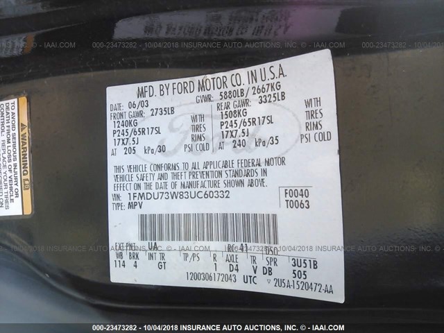 1FMDU73W83UC60332 - 2003 FORD EXPLORER XLT/XLT SPORT/NBX 黑色 照片 9