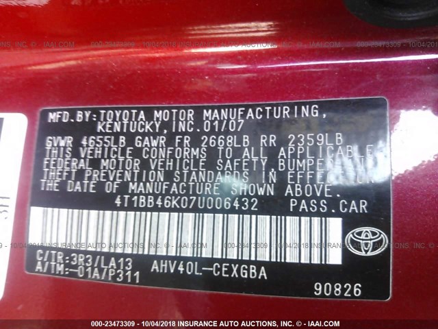 4T1BB46K07U006432 - 2007 TOYOTA CAMRY NEW GENERAT HYBRID RED photo 9