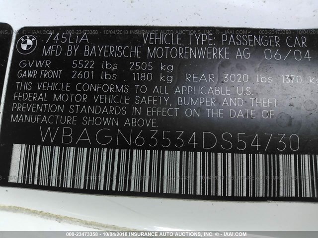 WBAGN63534DS54730 - 2004 BMW 745 LI Blanc photo 9