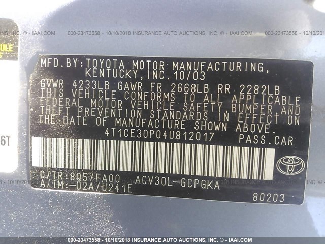 4T1CE30P04U812017 - 2004 TOYOTA CAMRY SOLARA SE/SLE Açıq mavi foto 9