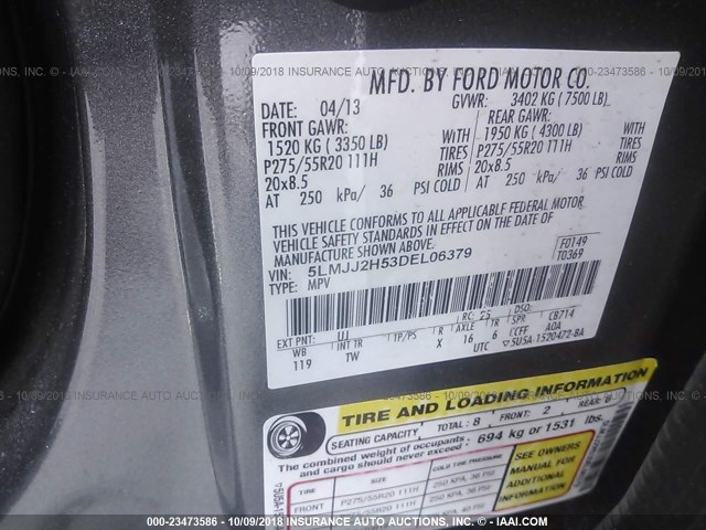 5LMJJ2H53DEL06379 - 2013 LINCOLN NAVIGATOR 灰色 照片 9