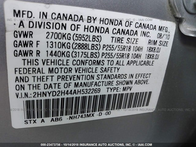 2HNYD2H44AH532269 - 2010 ACURA MDX TECHNOLOGY SILVER photo 9