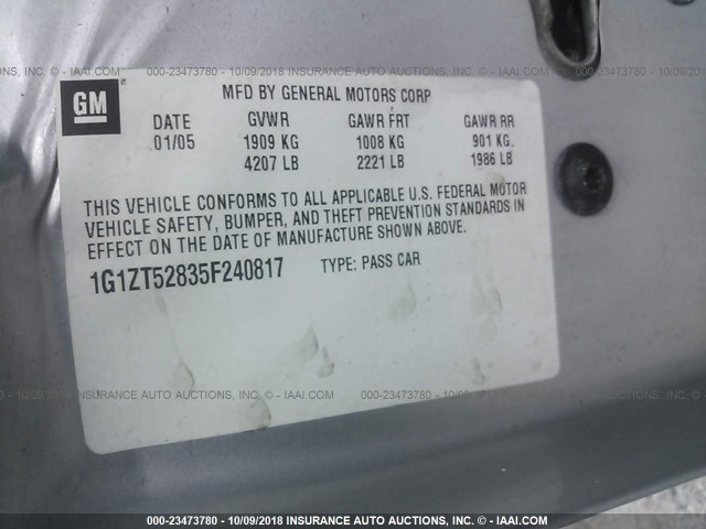 1G1ZT52835F240817 - 2005 CHEVROLET MALIBU LS ნაცრისფერი ფოტო 9