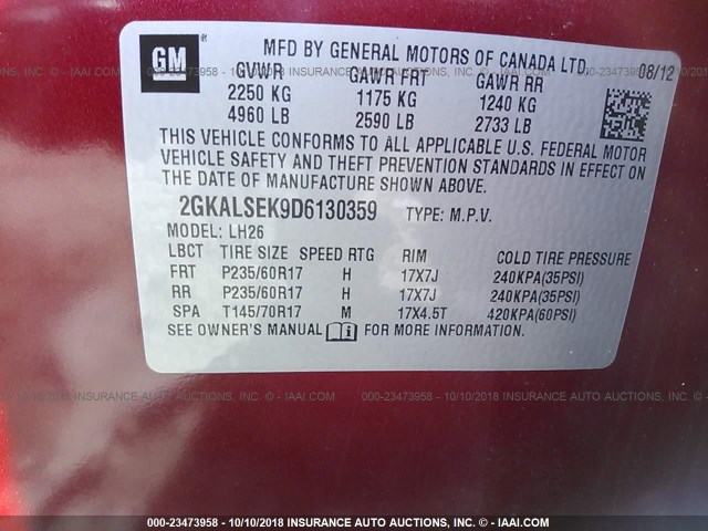 2GKALSEK9D6130359 - 2013 GMC TERRAIN SLE RED photo 9