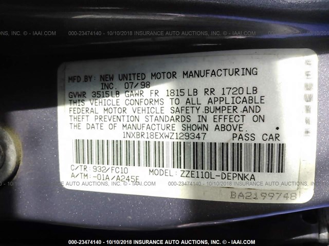 1NXBR18EXWZ129347 - 1998 TOYOTA COROLLA VE/CE/LE 紫色 照片 9