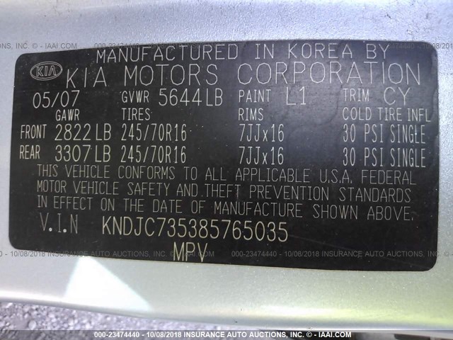 KNDJC735385765035 - 2008 KIA SORENTO EX/LX Light Blue photo 9