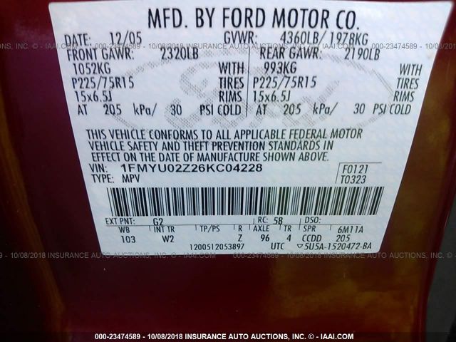 1FMYU02Z26KC04228 - 2006 FORD ESCAPE XLS RED photo 9