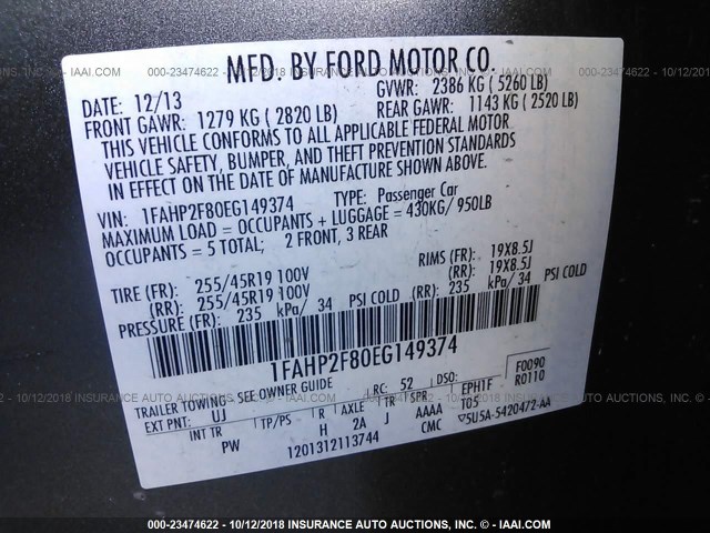 1FAHP2F80EG149374 - 2014 FORD TAURUS LIMITED GRAY photo 9