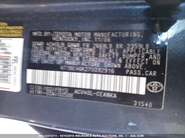4T1BE46K27U092916 - 2007 TOYOTA CAMRY NEW GENERAT CE/LE/XLE/SE GRAY photo 9