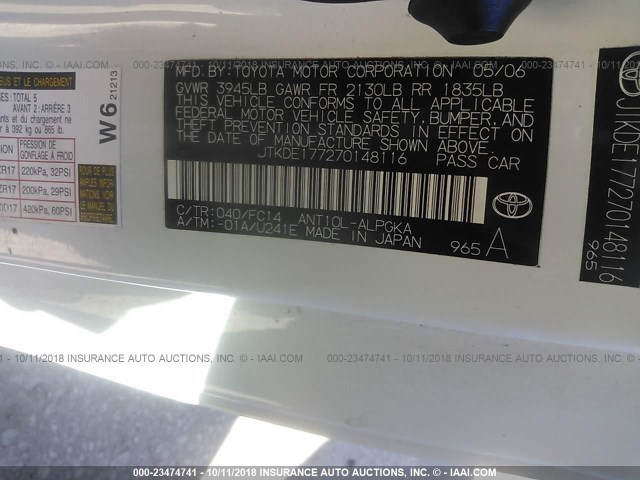 JTKDE177270148116 - 2007 TOYOTA SCION TC 白色 照片 9