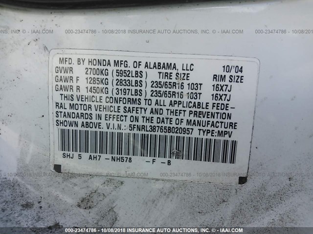 5FNRL38765B020957 - 2005 HONDA ODYSSEY EXL WHITE photo 9