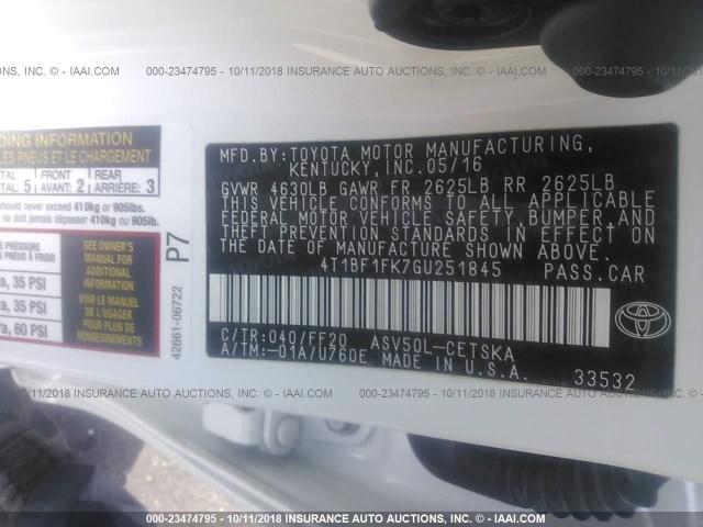 4T1BF1FK7GU251845 - 2016 TOYOTA CAMRY LE/XLE/SE/XSE WHITE photo 9