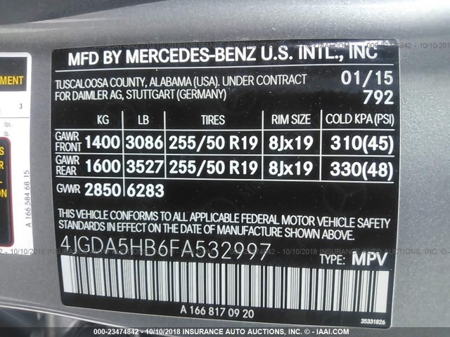 4JGDA5HB6FA532997 - 2015 MERCEDES-BENZ ML 350 4MATIC GRAY photo 9