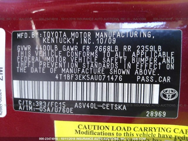 4T1BF3EK5AU071476 - 2010 TOYOTA CAMRY SE/LE/XLE წითელი ფოტო 9