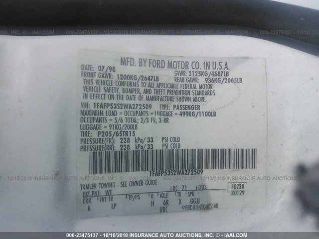 1FAFP53S2WA272509 - 1998 FORD TAURUS SE COMFORT WHITE photo 9