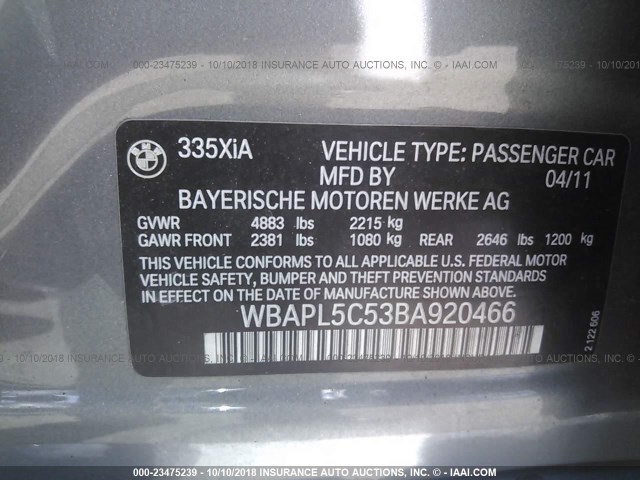 WBAPL5C53BA920466 - 2011 BMW 335 XI GRAY photo 9