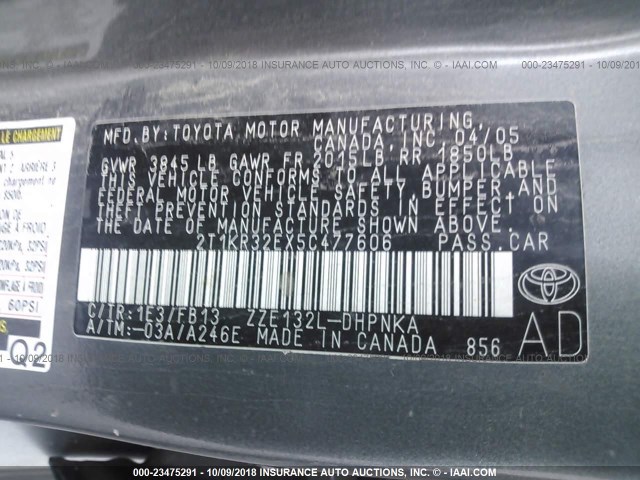 2T1KR32EX5C477606 - 2005 TOYOTA COROLLA MATRIX XR GRAY photo 9