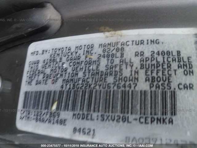 4T1BG22K2YU676447 - 2000 TOYOTA CAMRY CE/LE/XLE 灰色 照片 9