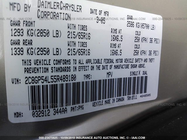 2C8GP54L55R489180 - 2005 CHRYSLER TOWN & COUNTRY TOURING 金色 照片 9