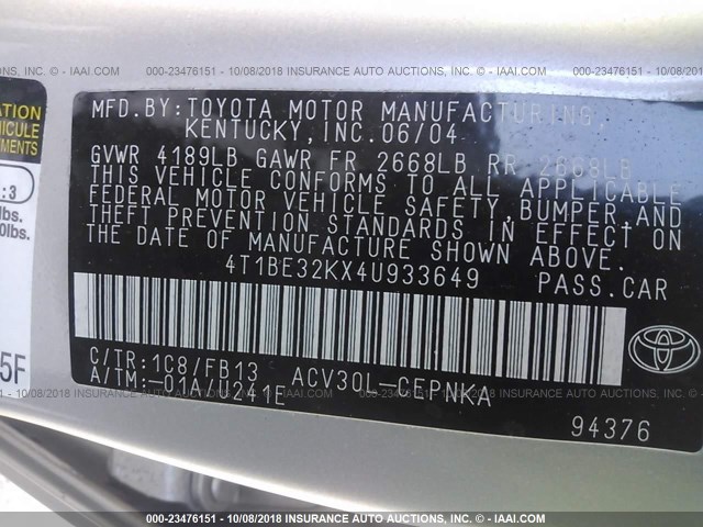 4T1BE32KX4U933649 - 2004 TOYOTA CAMRY LE/XLE/SE 银色 照片 9