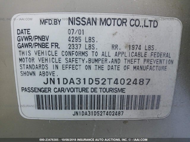 JN1DA31D52T402487 - 2002 NISSAN MAXIMA GLE/GXE/SE WHITE photo 9